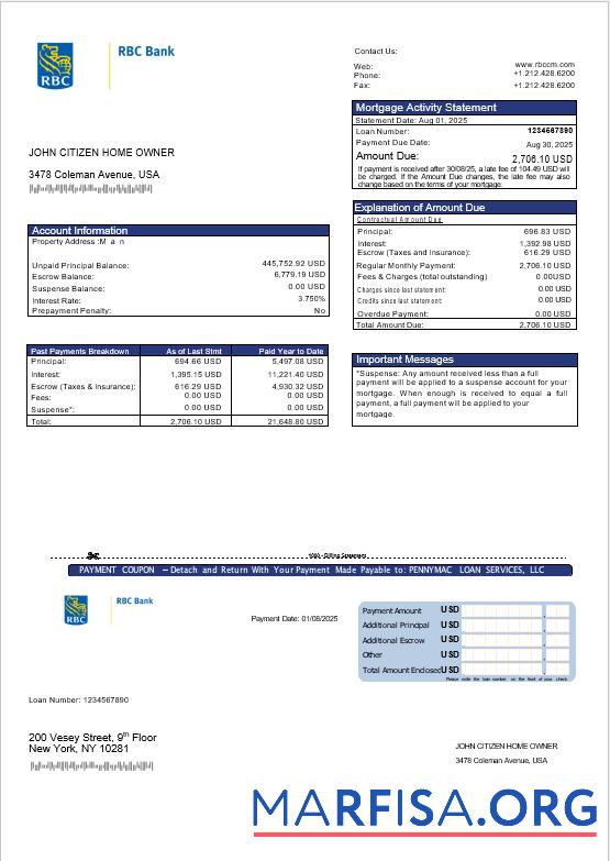Printable USA RBC bank mortgage statement in Word and PDF formats example